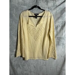 Express Cream Knit Crochet Lace‎ V Neck Bell Sleeve Sweater Top Women's L
